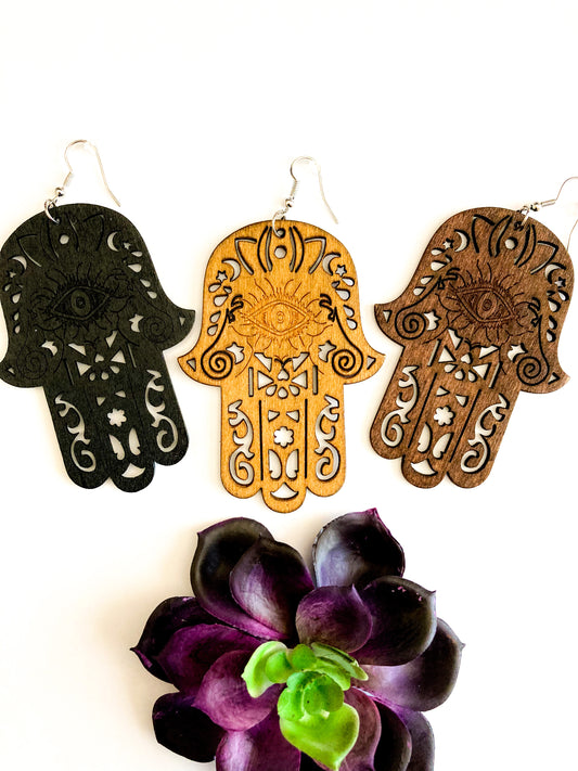 Hamsa Wooden Earrings